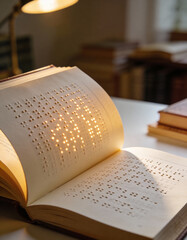 Braille book opened on a white table with soft focus background, glowing light highlighting raised letters, symbolic of literacy, accessibility, inclusive education, and tactile learning