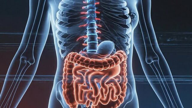 3D Render of Human Digestive System Inside Female Body Anatomy in Blue and Red for Medical Educational Presentation