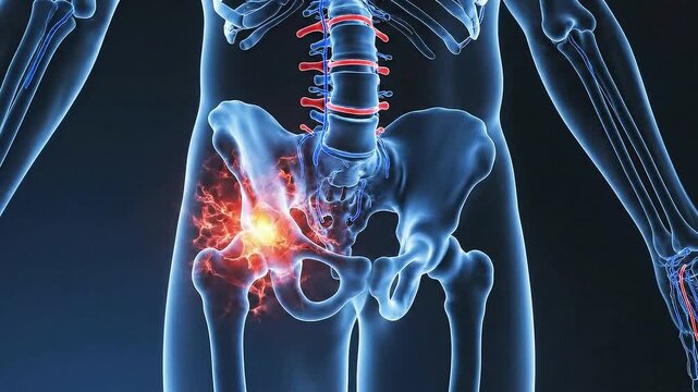 3D Render of Human Pelvis with Joint Pain Highlighted on Dark Blue Background Skeletal System Scan Health Medical