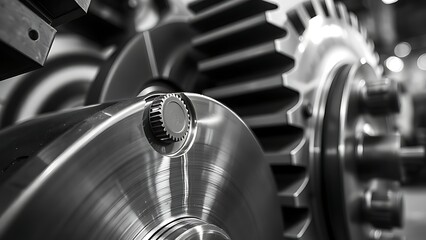 Close-up of a polished metal wheel mechanism in a workshop, showcasing industrial precision and texture.