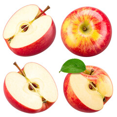 Four images showcasing apples whole, sliced open, revealing seeds and flesh, vibrant
