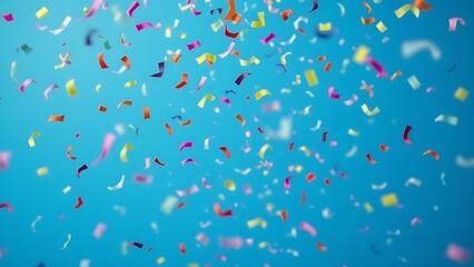 Colorful confetti falling dynamically against a solid blue background, conveying a sense of joyful celebration.