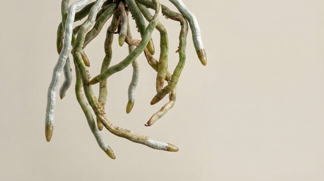 Healthy orchid air roots hanging isolated on a neutral background for botanical study.