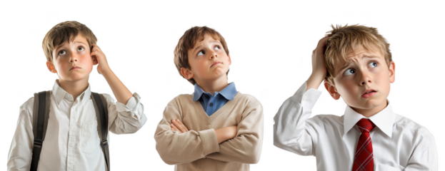 Confused thoughtful child boy looking up with worried facial expression isolated on transparent background png