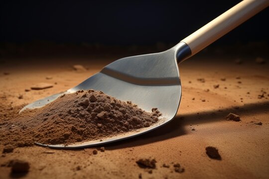 Metallic trowel scooping martian regolith simulant for space research and agriculture experiment