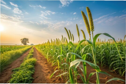 A wide agricultural landscape shot of pearl millet fields, tall green stalks swaying under a bright blue sky,