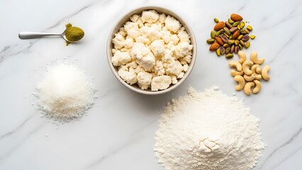 Ingredients for Indian Sweets on Marble Surface ingredients for sweets paneer