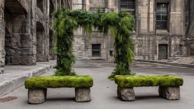 Two moss-covered benches sit before a lush archway, against aged stonework