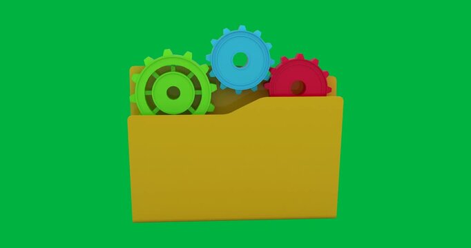 Animation of settings cogs with yellow folder on black background