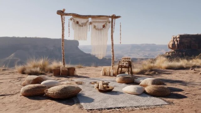 Desert scene with macrame decor, cushions, and candles, set against a backdrop of mountains