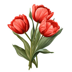 Obraz premium Three Red Tulips in Full Bloom with Green Leaves and Stems