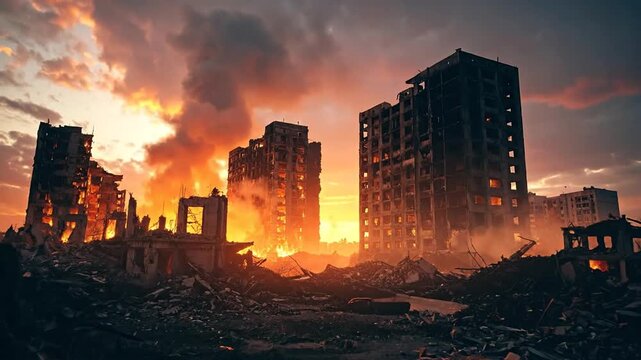 A war-torn cityscape ablaze under a fiery sunset with destroyed buildings and smoke