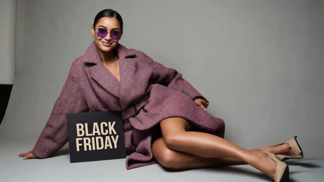 Fashionable woman reclines in coat and sunglasses holding black friday board on gray backdrop representing luxurious seasonal sale and bold retail marketing