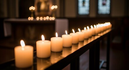 Row of burning votive candles in a dark church setting. Symbol of prayer, remembrance, and spiritual comfort for religious observances and Palm Sunday.