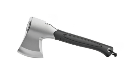 A silver axe with a black handle isolated on transparent background