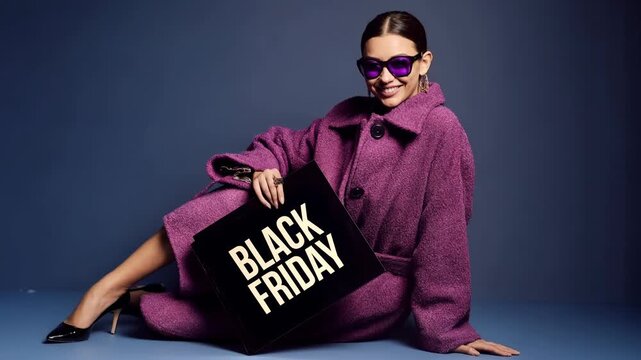 Fashionable woman in purple coat lounges on floor holding black friday bag showcasing luxurious seasonal sale promotion and bold retail marketing style