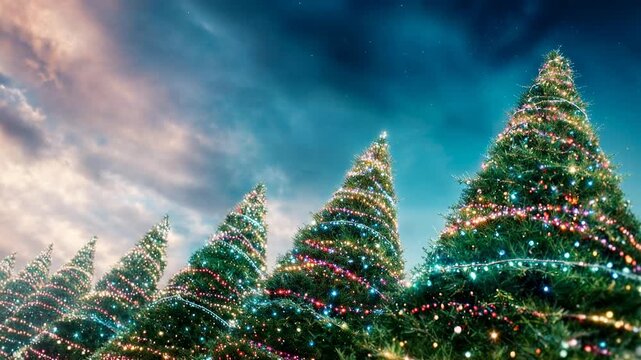 Row of decorated christmas trees rises toward dramatic sky with glowing lights capturing festive winter holiday spirit and magical outdoor atmosphere