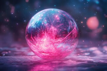 A vibrant, icy sphere with a glowing pink center, set against a backdrop of twinkling stars and a deep blue sky.