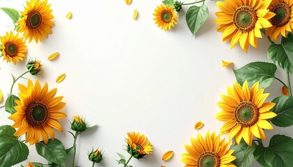 Bright sunflowers framed with fresh green leaves, radiating warmth, joy, and summer energy
