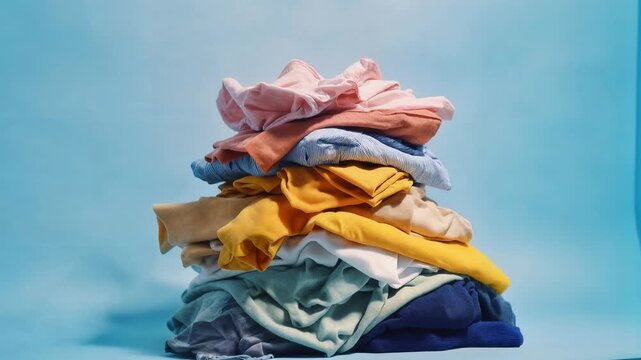 Tall stack of colorful folded clothes against blue background represents laundry chores sustainable fashion choices and organized home lifestyle