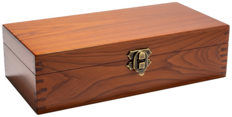 Polished long dark walnut wooden box featuring antique bronze clasp and intricate dovetail joints craftsmanship
