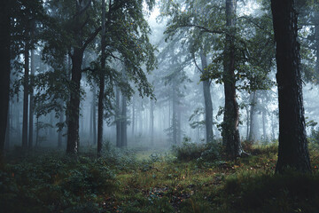 Obraz premium Foggy woodland with tall trees and dense green foliage creating calm and mysterious nature scene in early morning light
