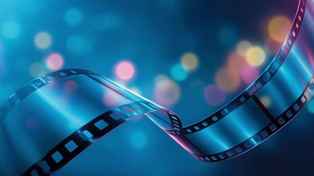 Film strip moves across a blue background filled with bright lights and bokeh effects. Cinematography, movies concepts