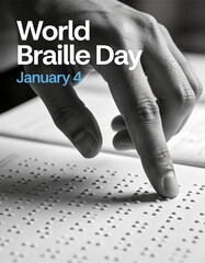 Close-up monochromatic image of a hand reading raised braille dots, soft shadows and detailed textures, World Braille Day January 4 text, symbolizing accessibility, literacy, and inclusion