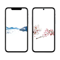 Two phones display serene landscapes misty mountains & cherry blossoms