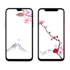 Two smartphones with floral and mountain illustrations on screen. Minimalist and elegant
