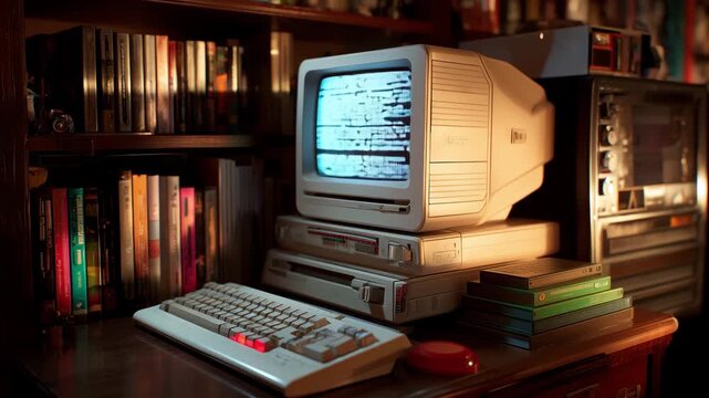 An old computer sits on a desk surrounded by books and cassette tapes in a library room at night