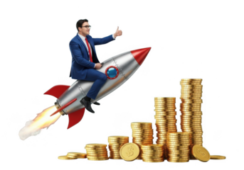 Businessman riding rocket over coin stacks isolated on transparent background