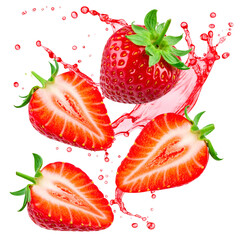 Vivid, isolated strawberries, some sliced, with juice splash against a black backdrop