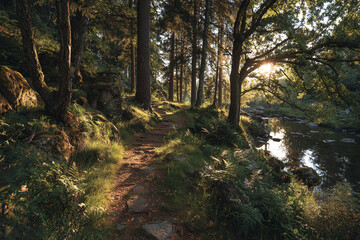 Fototapeta premium Forest path with sunlight shining through tall trees beside calm river, creating peaceful and calming nature scene in golden hour light