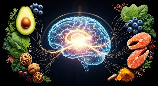 Healthy foods supporting brain function and mental health for better memory and focus