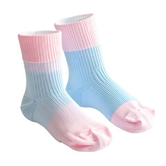 Two pastel-colored socks, one pink, one blue, with ribbed textures, against black