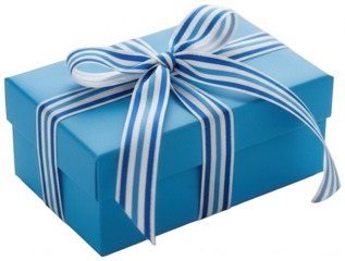 Bright blue gift box tied with a striking white and blue striped ribbon bow isolated on transparent background