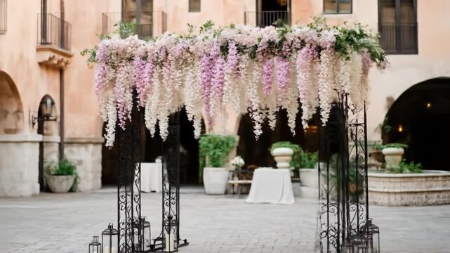 A stunning display of wisteria flowers cascades down from a wrought iron archway