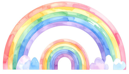Watercolor illustration of two arched rainbows with clouds, colorful and cheerful