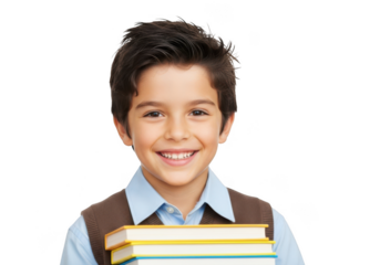 Happy young boy holding a stack of books isolated on transparent background