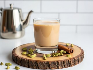 Delicious chai tea latte served in a glass with cardamom and cinnamon