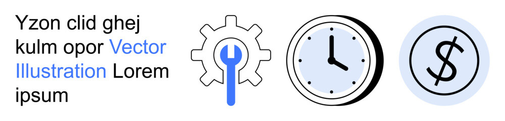 Obraz premium Business management, time planning, financial strategy, teamwork, productivity, scheduling. Gear with wrench, clock dollar symbol in minimal black and blue design. Business management and time