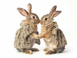 Obraz premium Two rabbits dressed in matching outfits are celebrating together in a simple setup with a neutral background