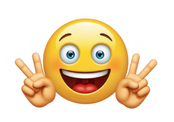 Happy face emoji showing peace signs isolated on transparent background