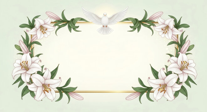 White dove and lily flower frame for Palm Sunday, Easter, funeral, wedding invitation, blessing, religious background, holy card, memorial.