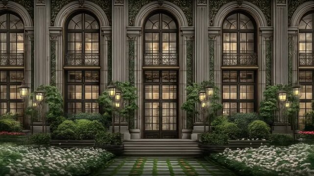 Classical building facade with arched windows, pillars, and a garden. It features lampposts and a stone path