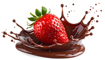 A juicy red strawberry sits inside a splash of rich, flowing dark chocolate