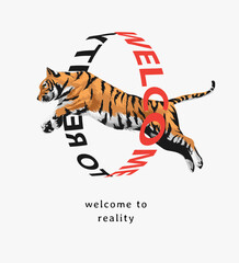 tiger jumping through circle text vector illustration - drawn by hand