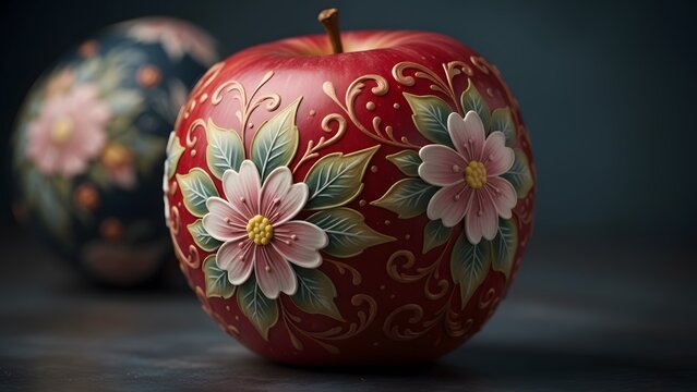 a beautifully decorated red apple with intricate floral patterns and a blurred ornamental companion piece on transparent background high quality professional