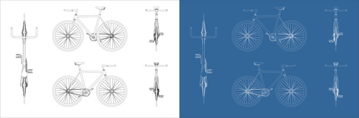 Top and Front View Technical Plan Layout of Fixed Gear Bicycle © WINDERFULL STUDIO